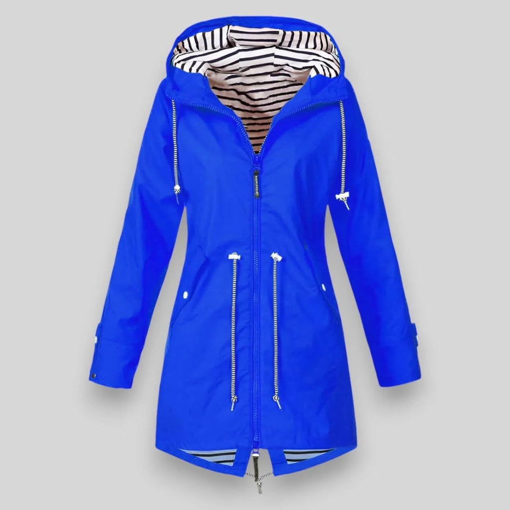 Blue Women's Hooded Rain Coat — Celeste Everyday Drawstring Waterproof - Studio Front