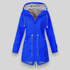 Blue Women's Hooded Rain Coat — Celeste Everyday Drawstring Waterproof - Studio Front