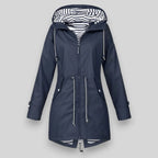 Navy Blue Women's Hooded Rain Coat — Celeste Everyday Drawstring Waterproof - Front Full