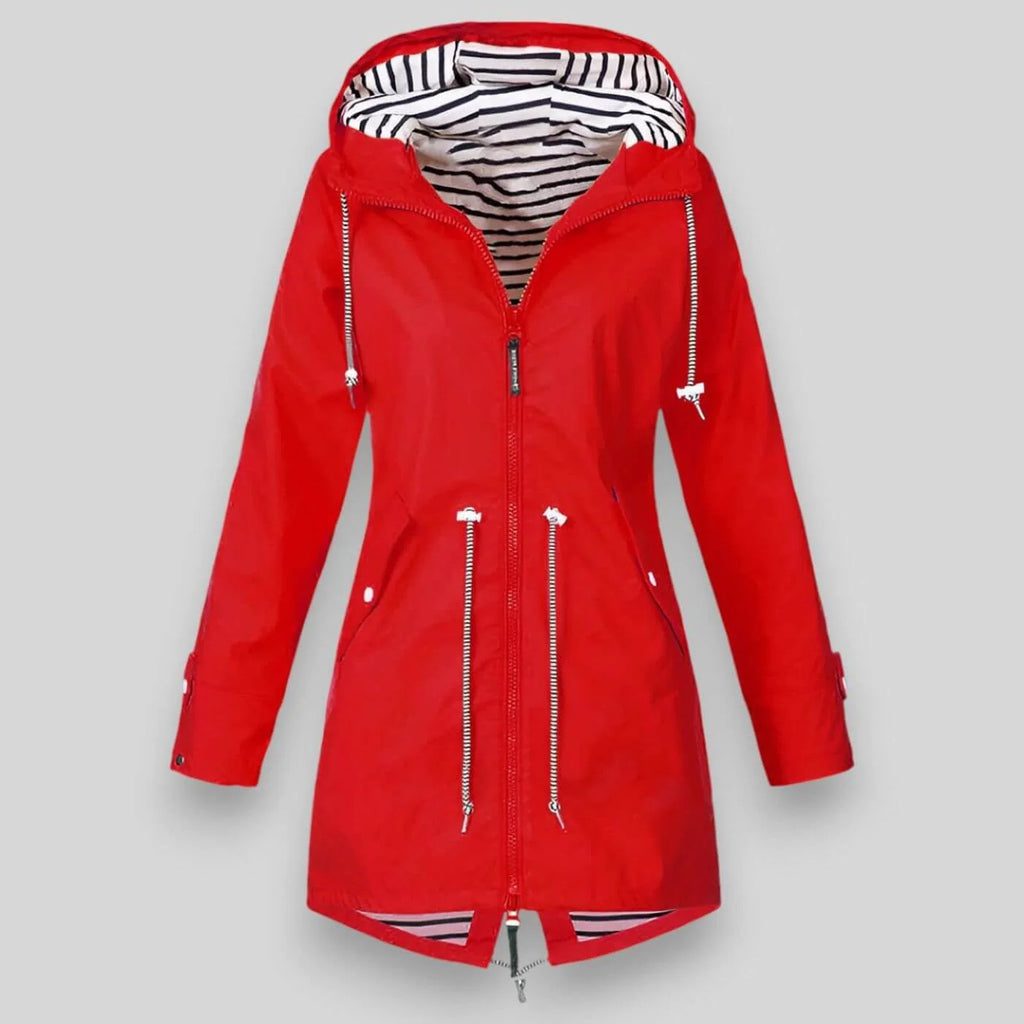 Red Women's Hooded Rain Coat — Celeste Everyday Drawstring Waterproof - Front Zipped