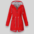 Red Women's Hooded Rain Coat — Celeste Everyday Drawstring Waterproof - Front Zipped