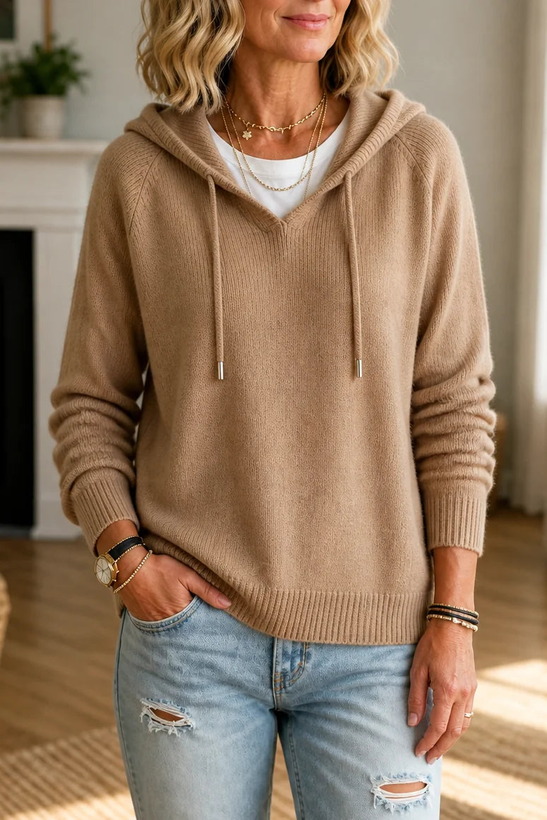 Khaki Women's Hooded Knit Sweater with Drawstring Hood & Relaxed Fit