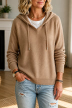 Khaki Women's Hooded Knit Sweater with Drawstring Hood & Relaxed Fit