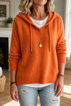 Orange Women's Hooded Knit Sweater with Drawstring Hood & Relaxed Fit - Front Close Up
