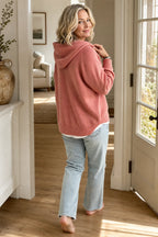 Women's Hooded Knit Sweater with Drawstring Hood & Relaxed Fit - Back Full Doorway
