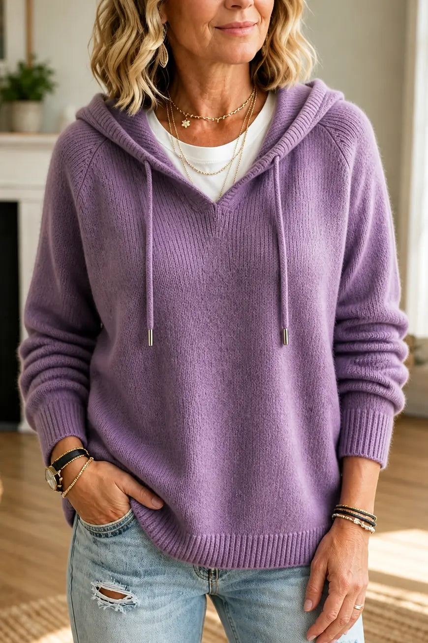 Purple Women's Hooded Knit Sweater with Drawstring Hood & Relaxed Fit