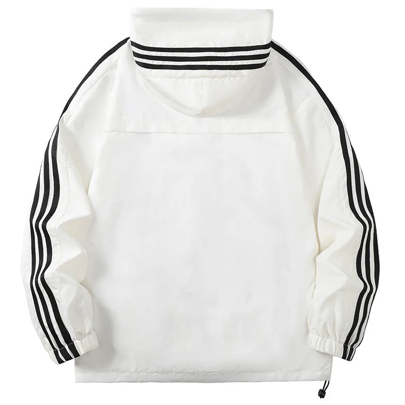 Men's Hooded Jacket with Striped Sleeve Detail & Zip Pockets - Back Full