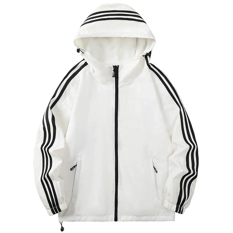Men's Hooded Jacket with Striped Sleeve Detail & Zip Pockets - Front Full