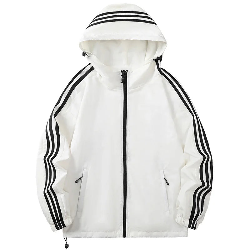 Beige Men's Hooded Jacket with Striped Sleeve Detail & Zip Pockets