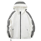 Beige Men's Hooded Jacket with Striped Sleeve Detail & Zip Pockets
