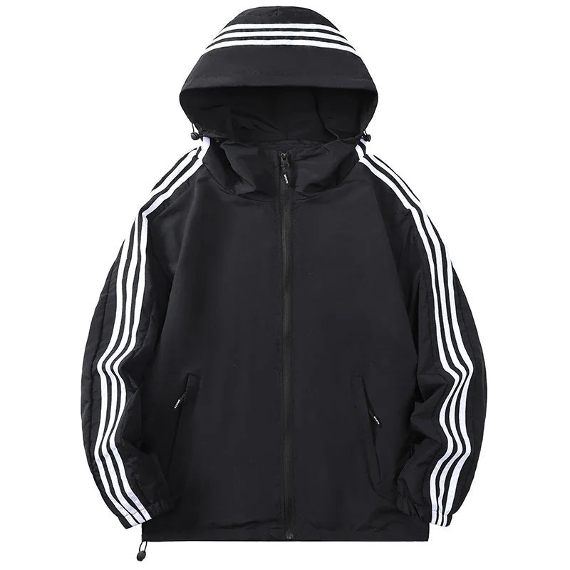 Men's Hooded Jacket with Striped Sleeve Detail & Zip Pockets - Front Hood Up