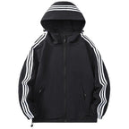 Men's Hooded Jacket with Striped Sleeve Detail & Zip Pockets - Front Hood Up