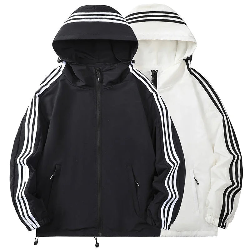 Men's Hooded Jacket with Striped Sleeve Detail & Zip Pockets - Side By Side Comparison