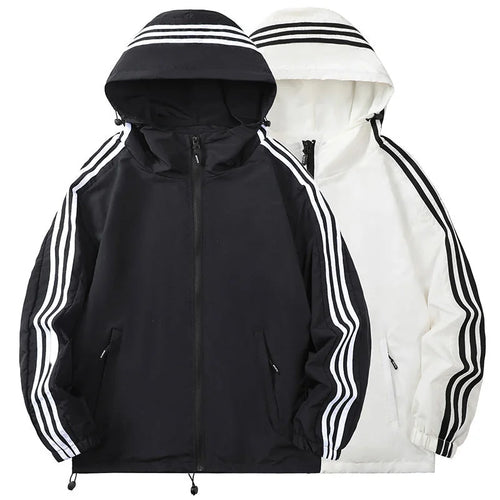 Men's Hooded Jacket with Striped Sleeve Detail & Zip Pockets - Side By Side Comparison
