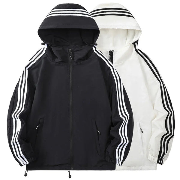 Men's Hooded Jacket with Striped Sleeve Detail & Zip Pockets - Side By Side Comparison