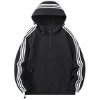 Black Men's Hooded Jacket with Striped Sleeve Detail & Zip Pockets