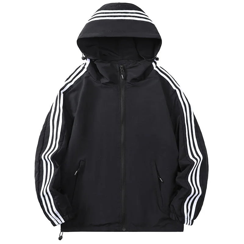 Black Men's Hooded Jacket with Striped Sleeve Detail & Zip Pockets