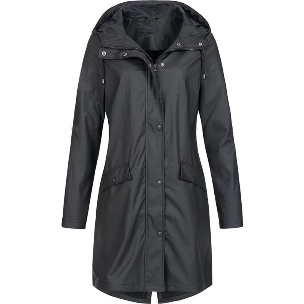 Black Women's Waterproof Rain Coat — Matilda Polyester Hooded Longline - Front Full