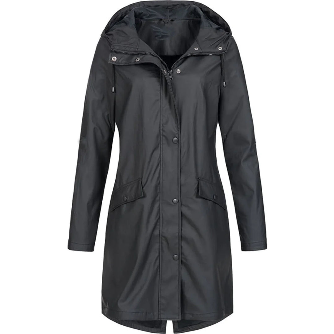 Black Women's Waterproof Rain Coat — Matilda Polyester Hooded Longline - Front Full