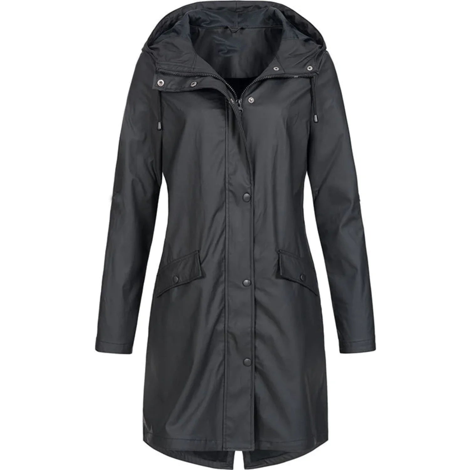 Black Women's Waterproof Rain Coat — Matilda Polyester Hooded Longline - Front Full