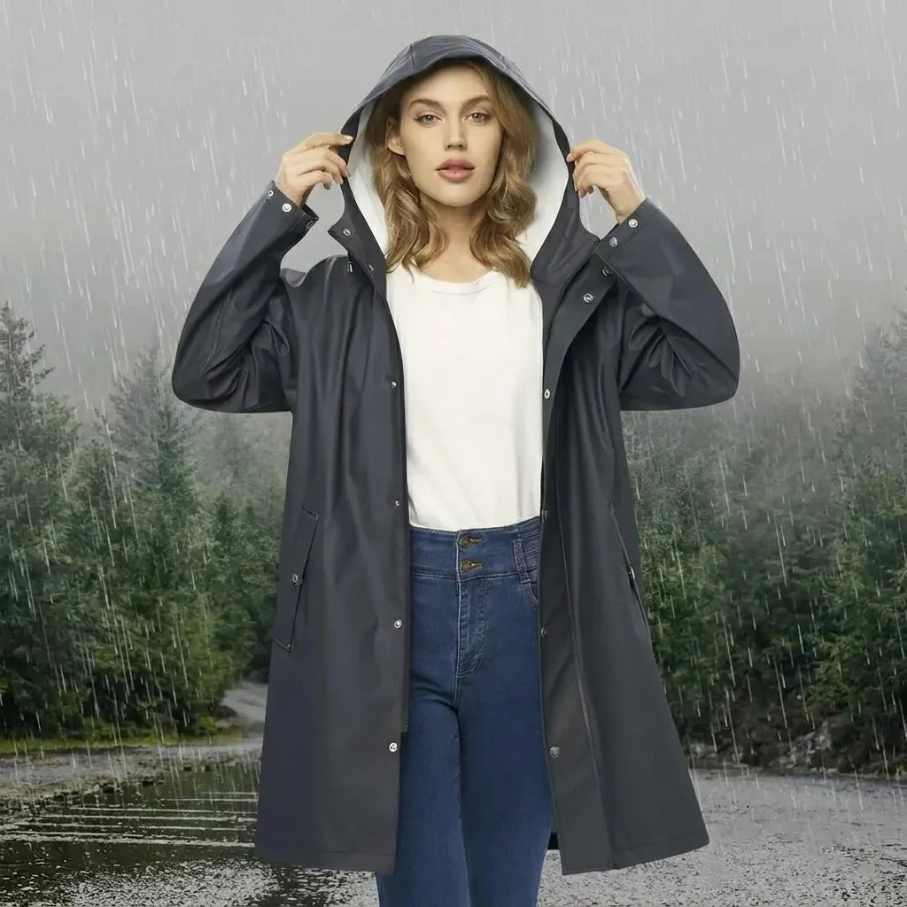 Black Women's Waterproof Rain Coat — Rosalie Lightweight Hooded Longline - Hood Up Portrait