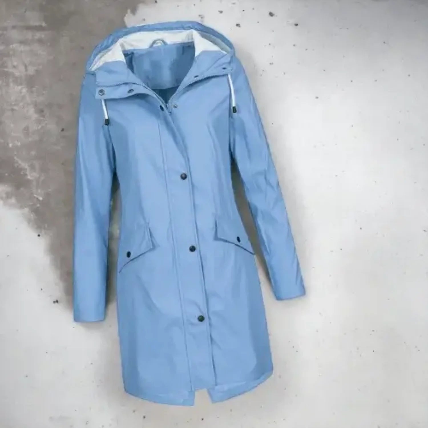 Blue Women's Waterproof Rain Coat — Matilda Polyester Hooded Longline - Flat Lay