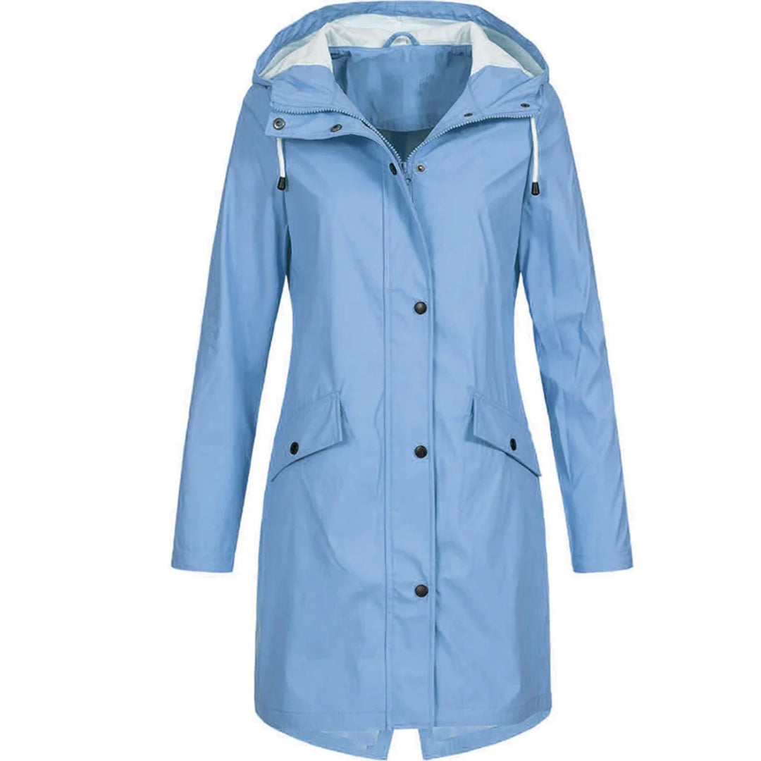 Blue Women's Waterproof Rain Coat — Matilda Polyester Hooded Longline - Studio Front