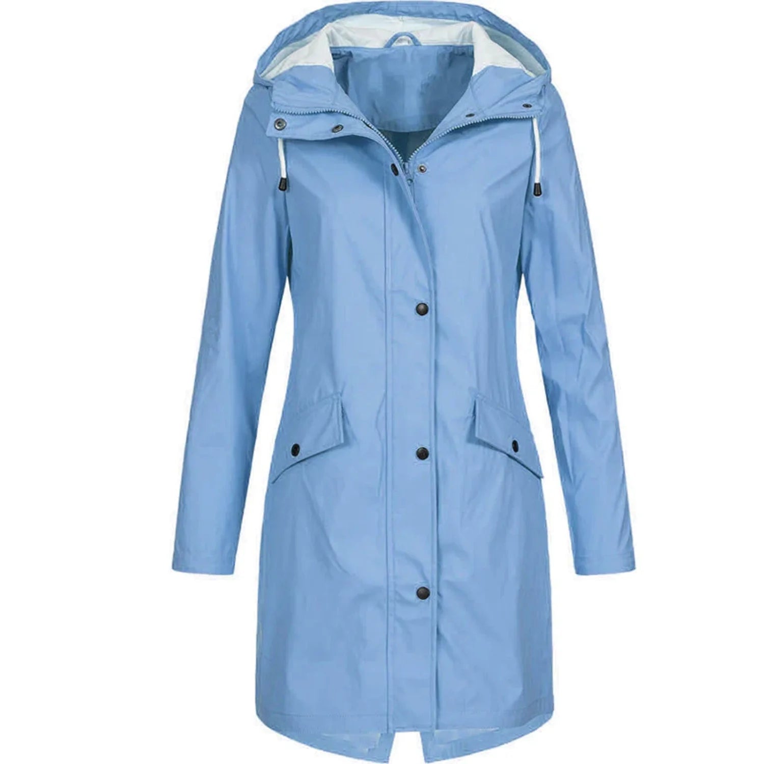 Blue Women's Waterproof Rain Coat — Matilda Polyester Hooded Longline - Studio Front