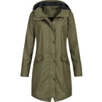 Green Women's Waterproof Rain Coat — Matilda Polyester Hooded Longline - Front Detail