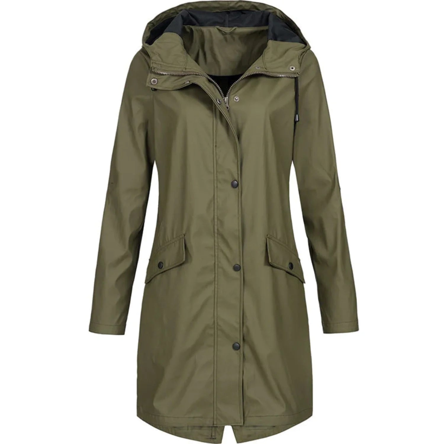 Green Women's Waterproof Rain Coat — Matilda Polyester Hooded Longline - Front Detail