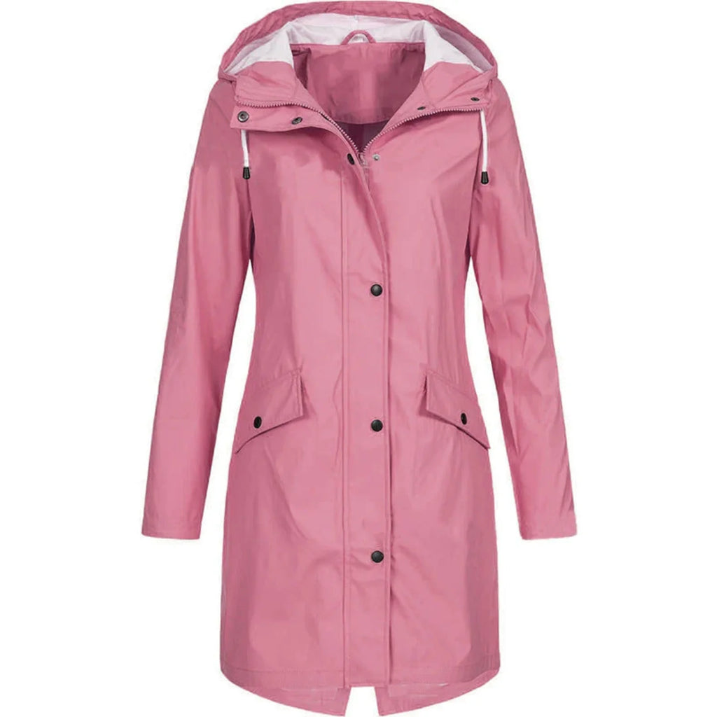 Pink Women's Waterproof Rain Coat — Matilda Polyester Hooded Longline - Front Pose