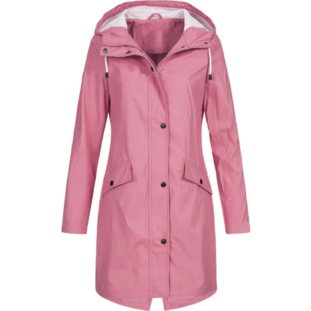 Pink Women's Waterproof Rain Coat — Matilda Polyester Hooded Longline - Front Pose
