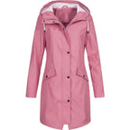 Pink Women's Waterproof Rain Coat — Matilda Polyester Hooded Longline - Front Pose