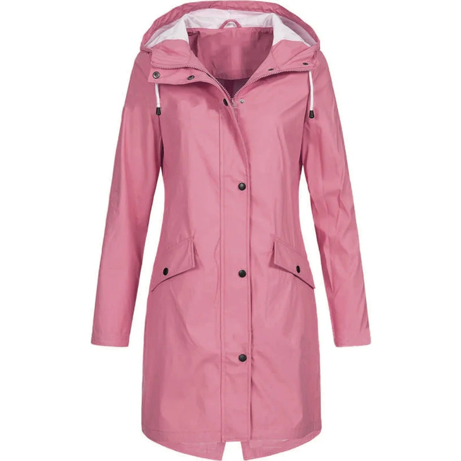 Pink Women's Waterproof Rain Coat — Matilda Polyester Hooded Longline - Front Pose