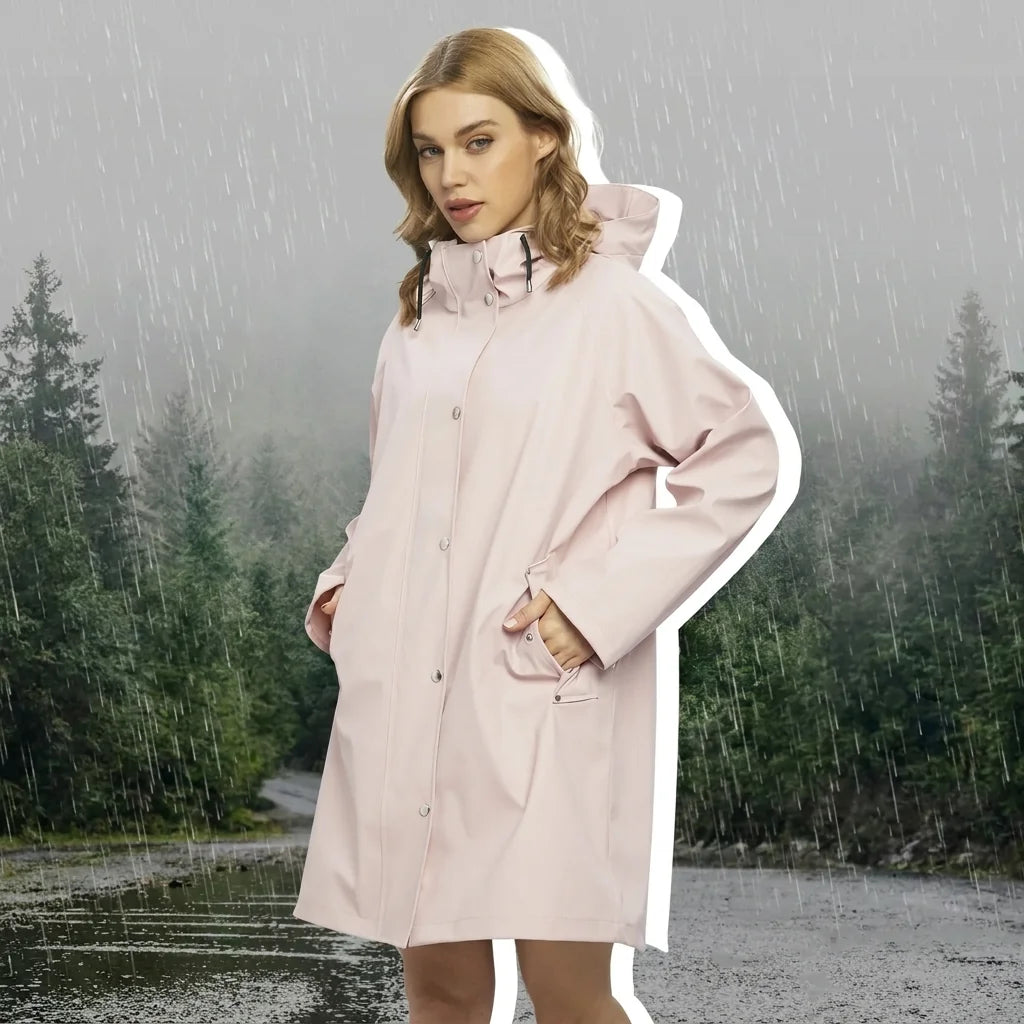 Pink Women's Waterproof Rain Coat — Rosalie Lightweight Hooded Longline - Side Pose Hands Pockets