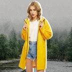 Yellow Women's Waterproof Rain Coat — Rosalie Lightweight Hooded Longline - Front Open Unzipped