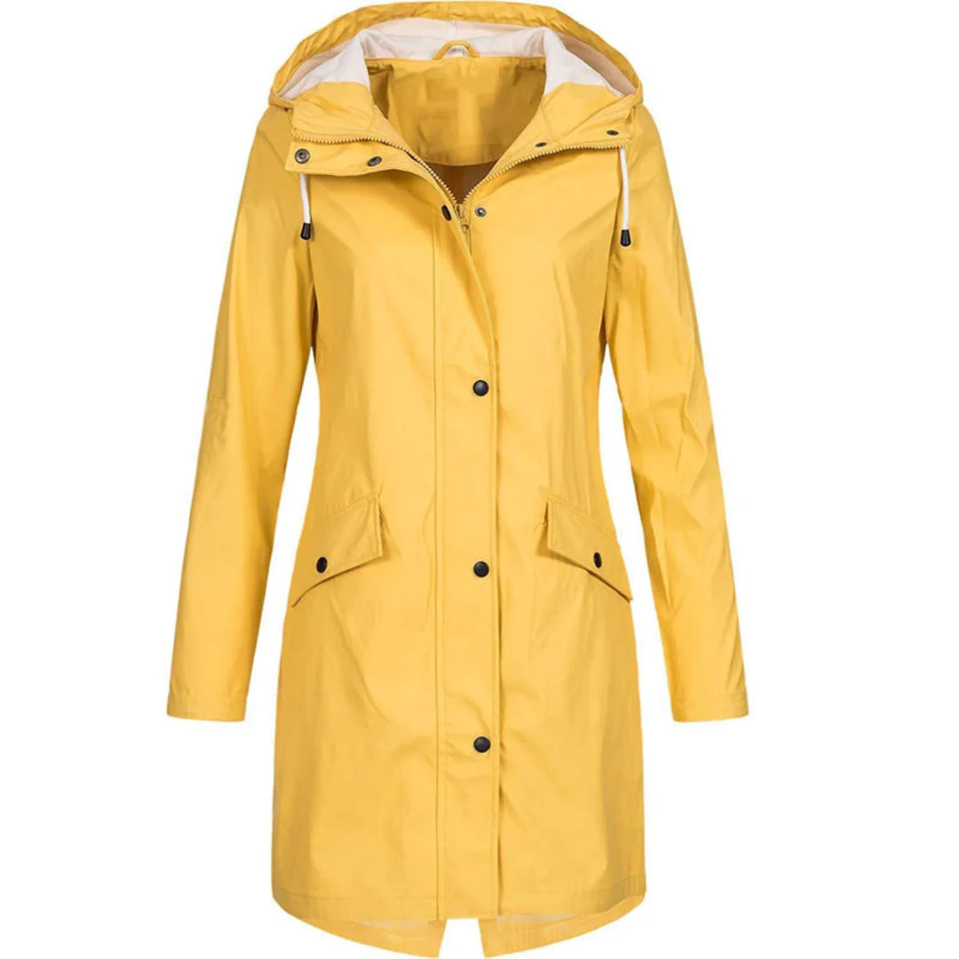 Yellow Women's Waterproof Rain Coat — Matilda Polyester Hooded Longline - Front View