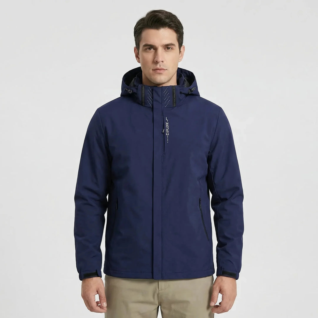 Blue Men's Hooded Waterproof Rain Coat — Andie Everyday Windproof Zip-Up - Front Navy