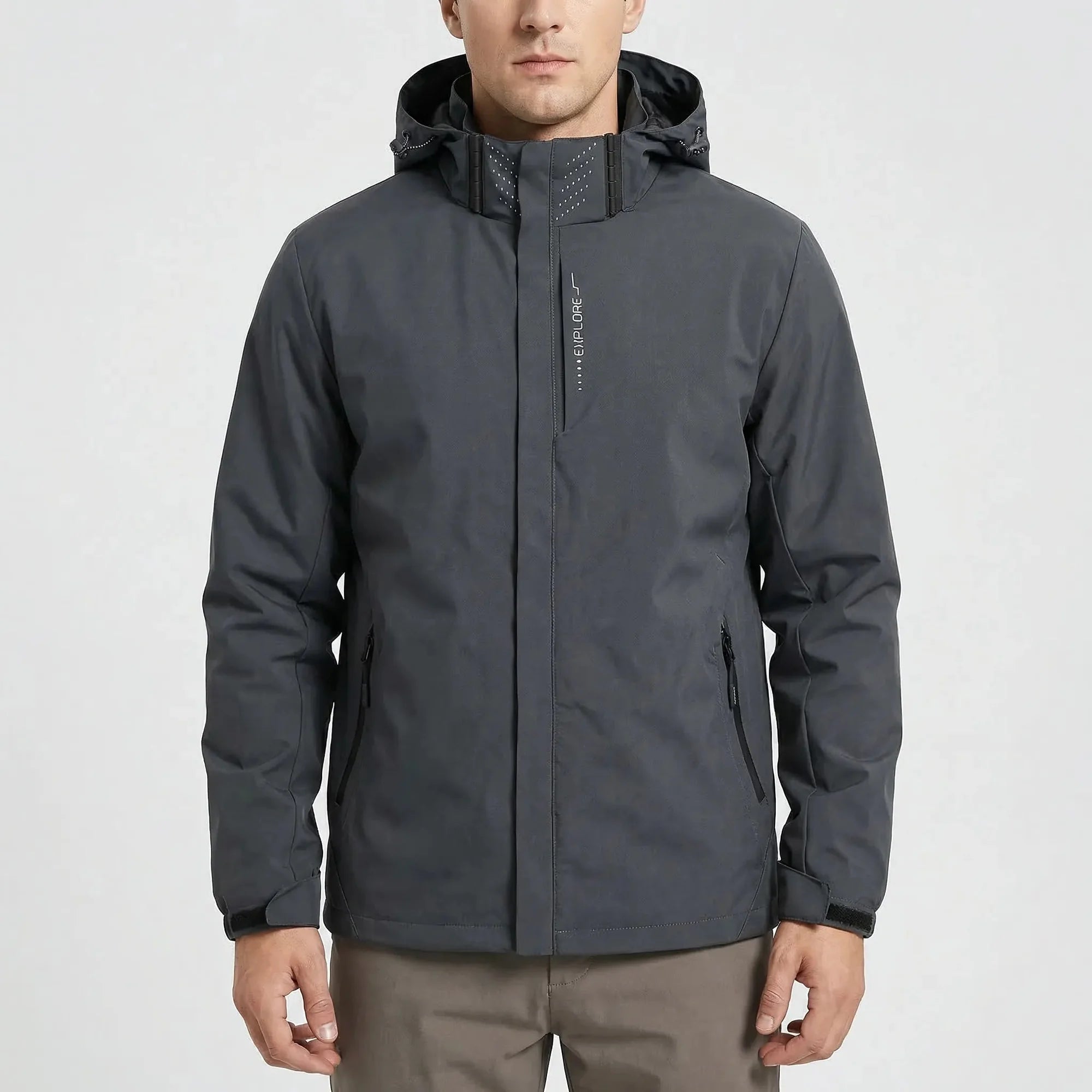 Gray Men's Hooded Waterproof Rain Coat — Andie Everyday Windproof Zip-Up - Front Dark