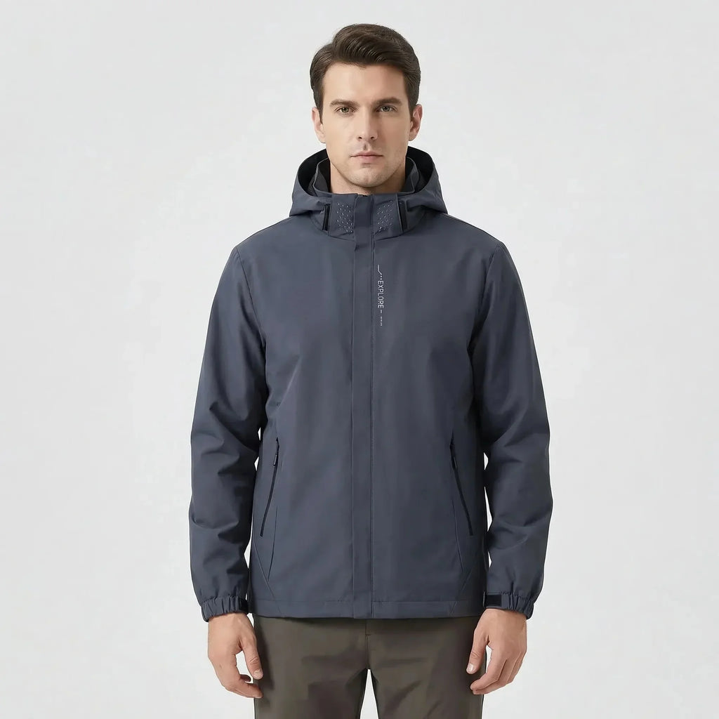 Gray Men's Hooded Waterproof Rain Coat — Andie Everyday Windproof Zip-Up - Front Full Studio