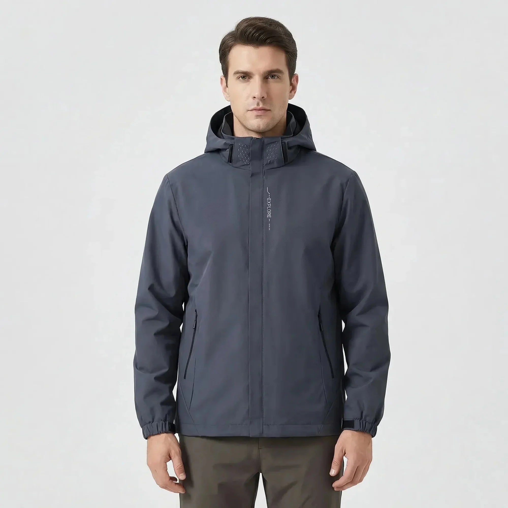 Gray Men's Hooded Waterproof Rain Coat — Andie Everyday Windproof Zip-Up - Front Full Studio