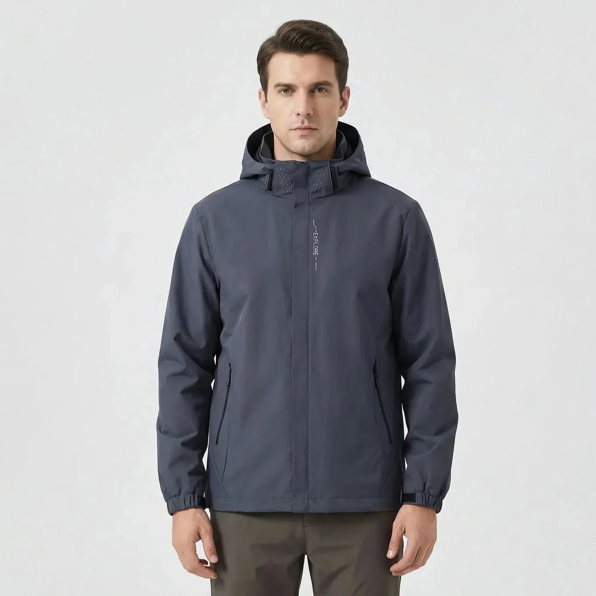 Gray Men's Hooded Waterproof Rain Coat — Andie Everyday Windproof Zip-Up - Front Full Studio