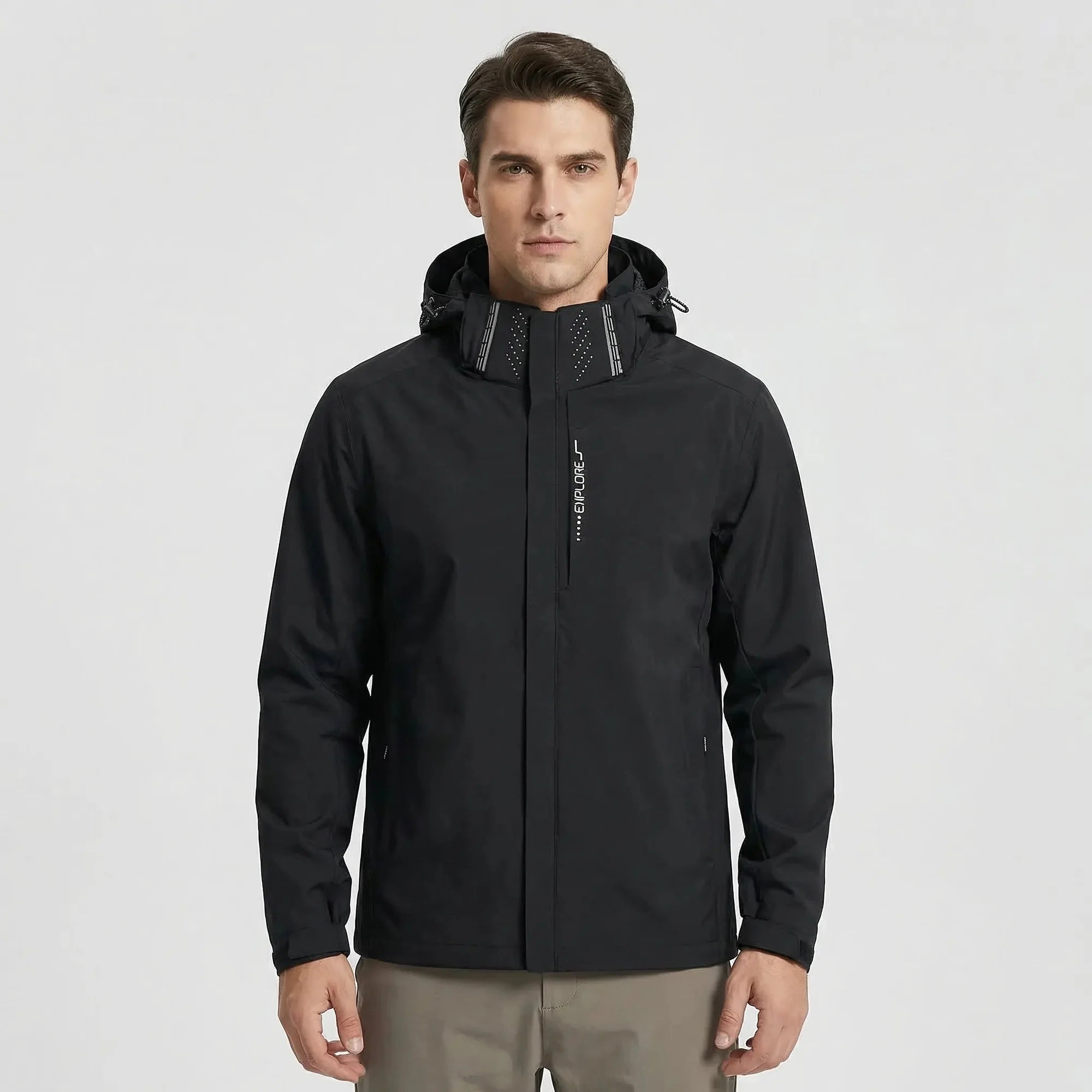 Gray Men's Hooded Waterproof Rain Coat — Andie Everyday Windproof Zip-Up - Front Studio Black