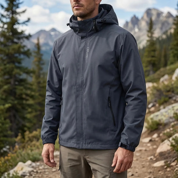 Gray Men's Hooded Waterproof Rain Coat — Andie Everyday Windproof Zip-Up - Outdoor Hiking Pose