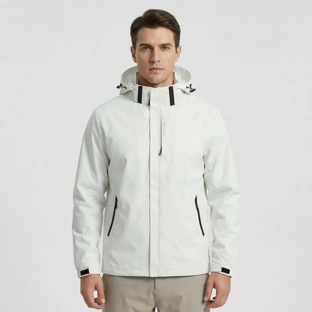 White Men's Hooded Waterproof Rain Coat — Andie Everyday Windproof Zip-Up - Front Studio