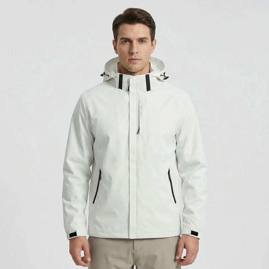 White Men's Hooded Waterproof Rain Coat — Andie Everyday Windproof Zip-Up - Front Studio