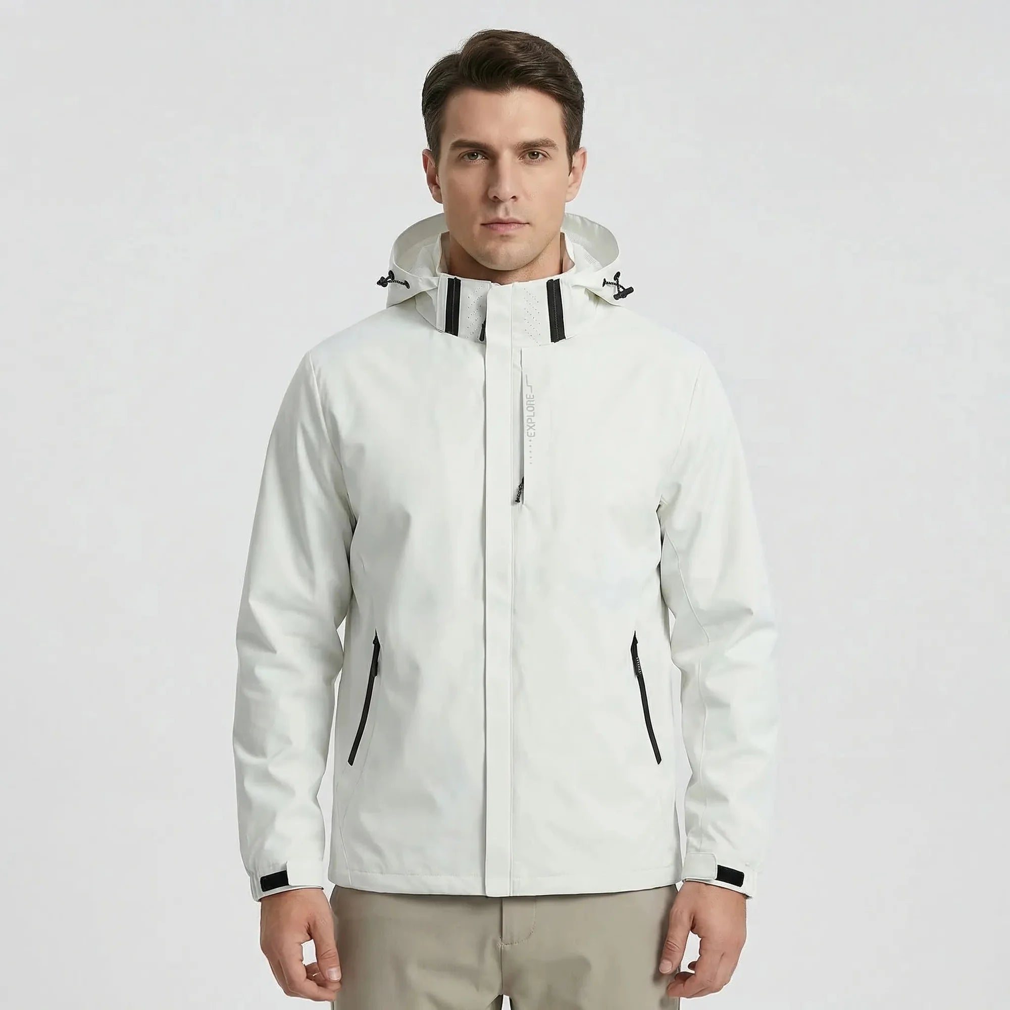 White Men's Hooded Waterproof Rain Coat — Andie Everyday Windproof Zip-Up - Front Studio