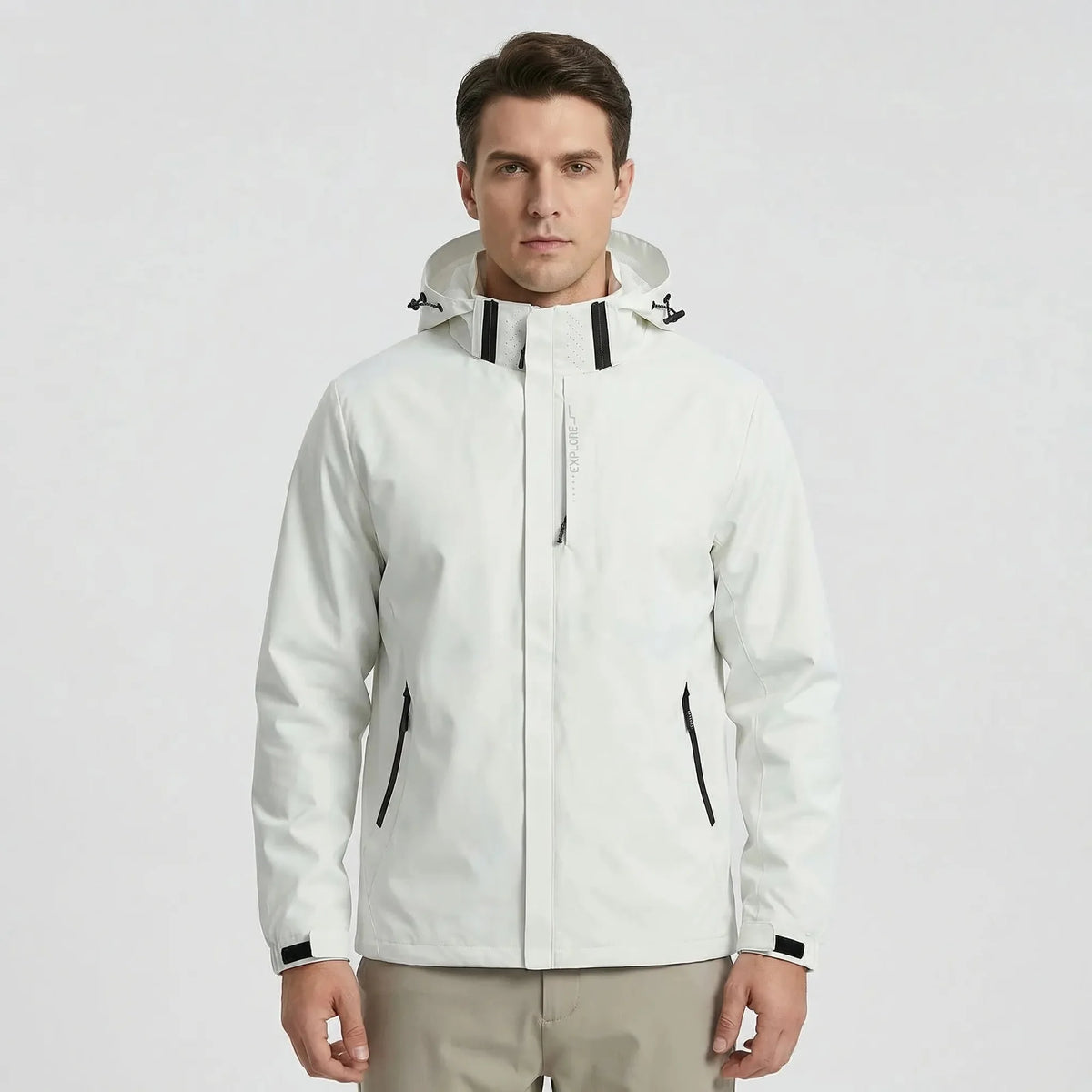 White Men's Hooded Waterproof Rain Coat — Andie Everyday Windproof Zip-Up - Front Studio