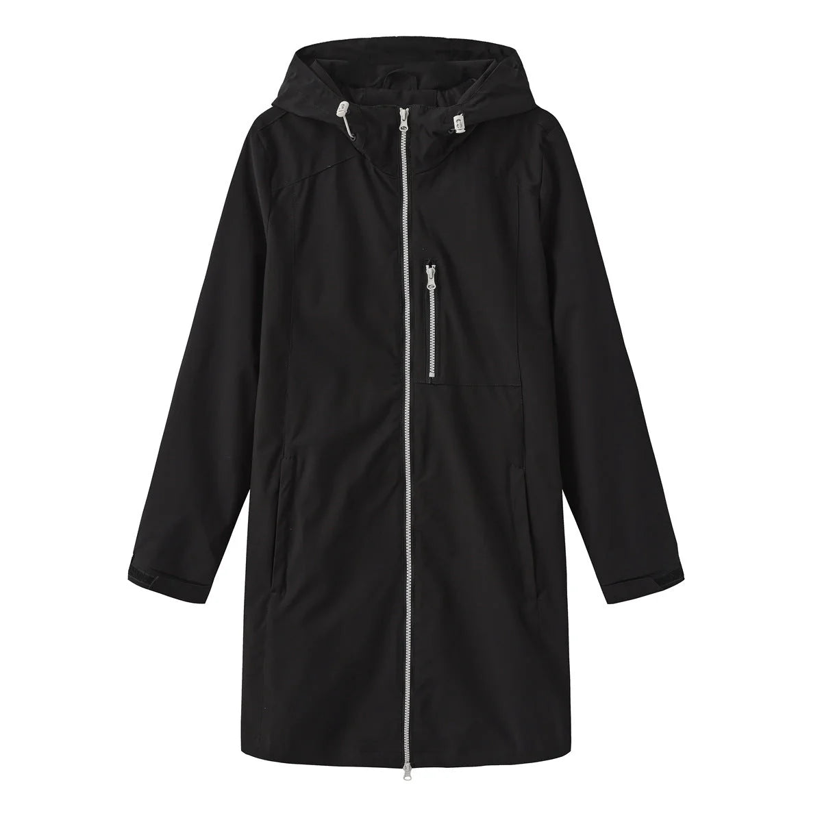 Black Women's Hooded Waterproof Rain Jacket — Clara Lightweight Zip-Pocket Longline - Flat Lay