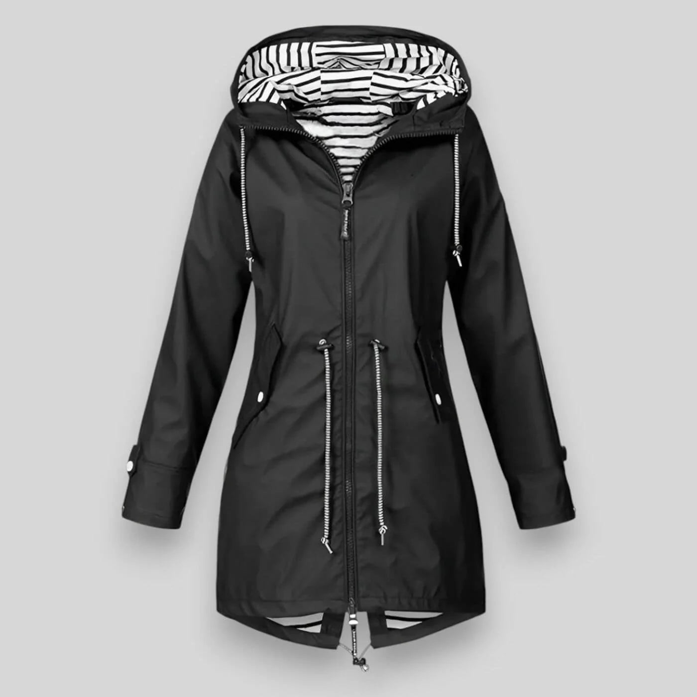 Black Women's Hooded Waterproof Rain Jacket — Hattie Lightweight Drawstring Zip-Up - Front Full Studio